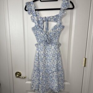 Revolve More To Come Womens S Blue Floral Smocked Mini Dress Cutout Rosette Tie